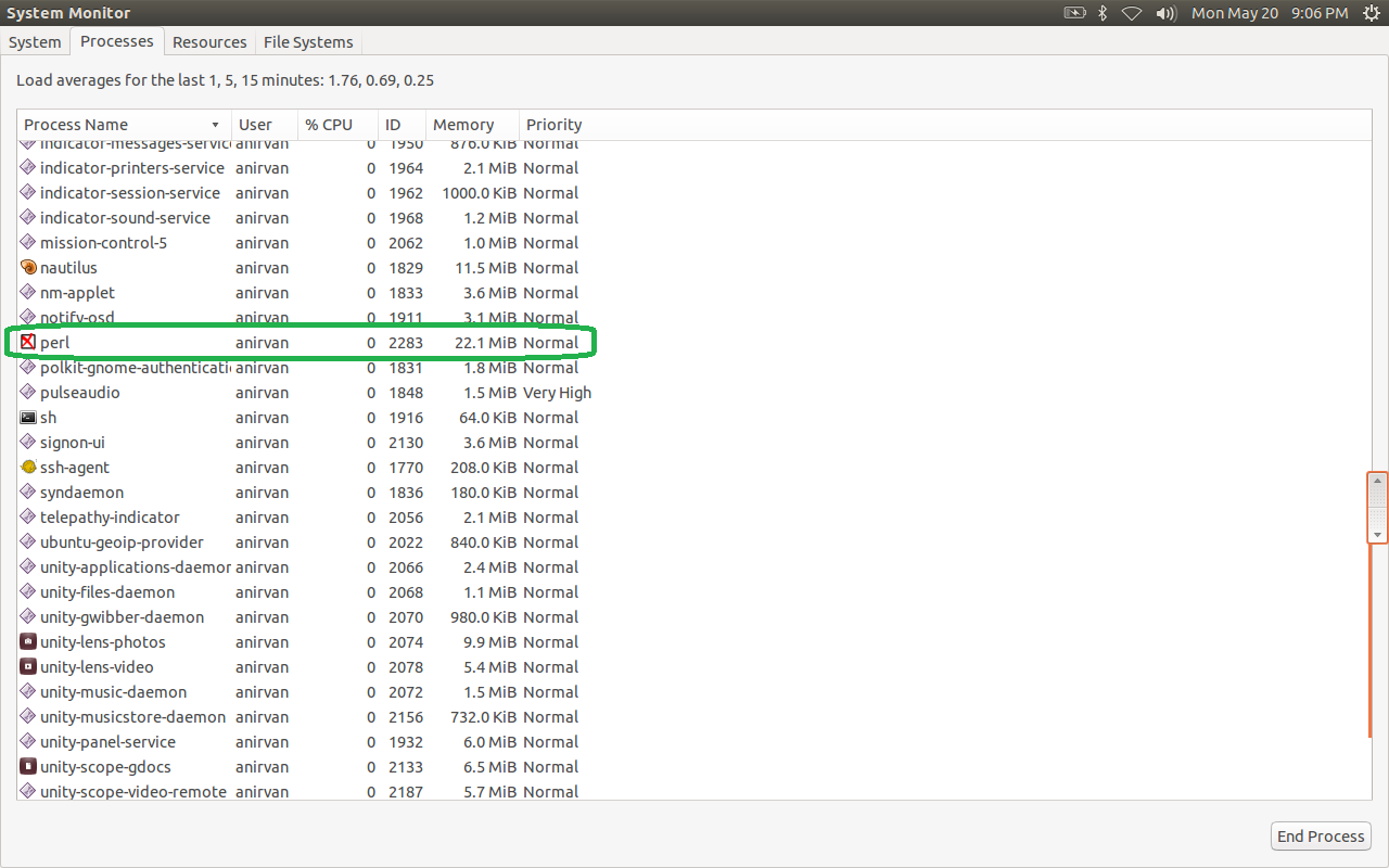 Screenshot showing System Monitor listing process name of AMC as perl